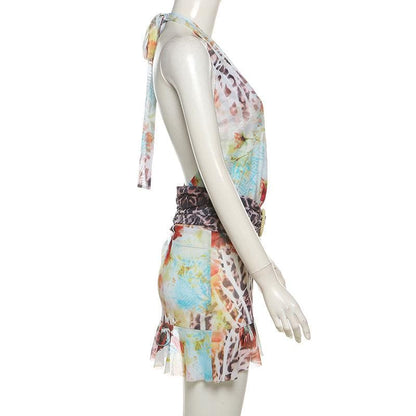 Irregular halter deep V neck print sheer mesh mini dress