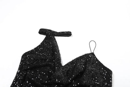 Halter gloves button glitter cowl neck irregular top-final-sale