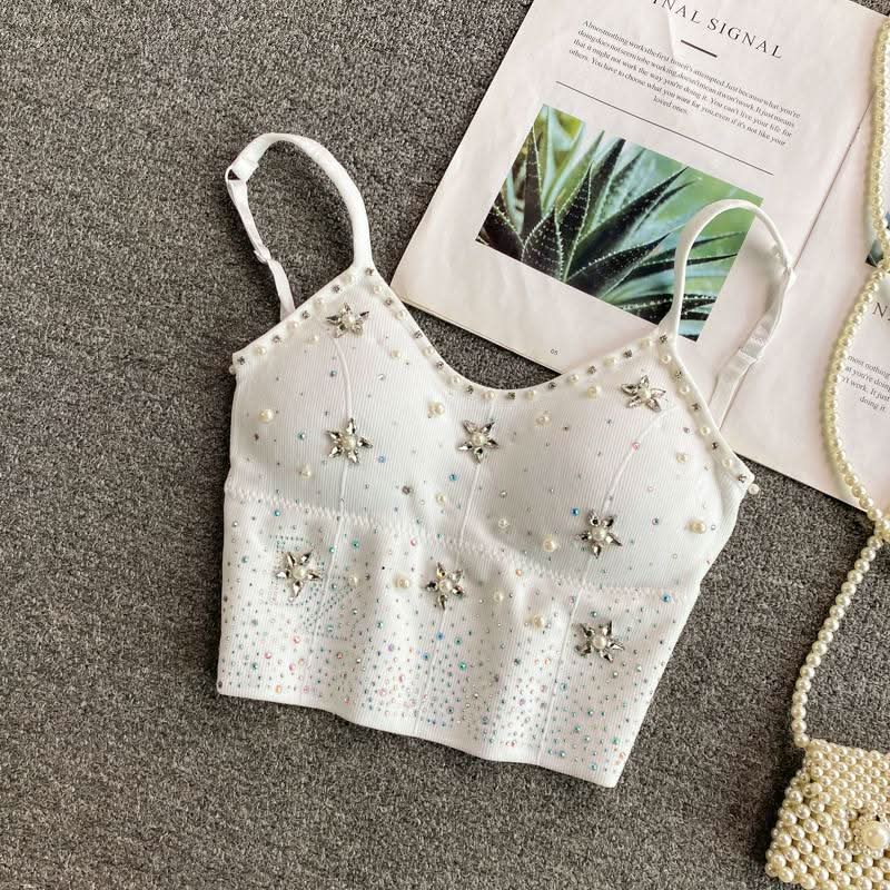 Beaded v neck padded backless cami top