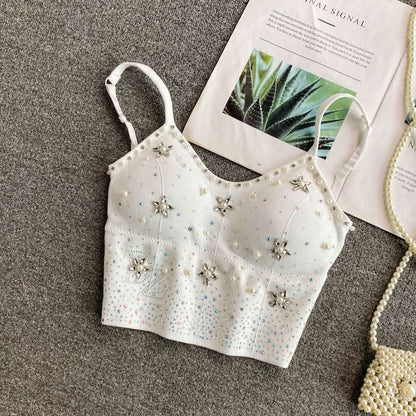 Beaded v neck padded backless cami top