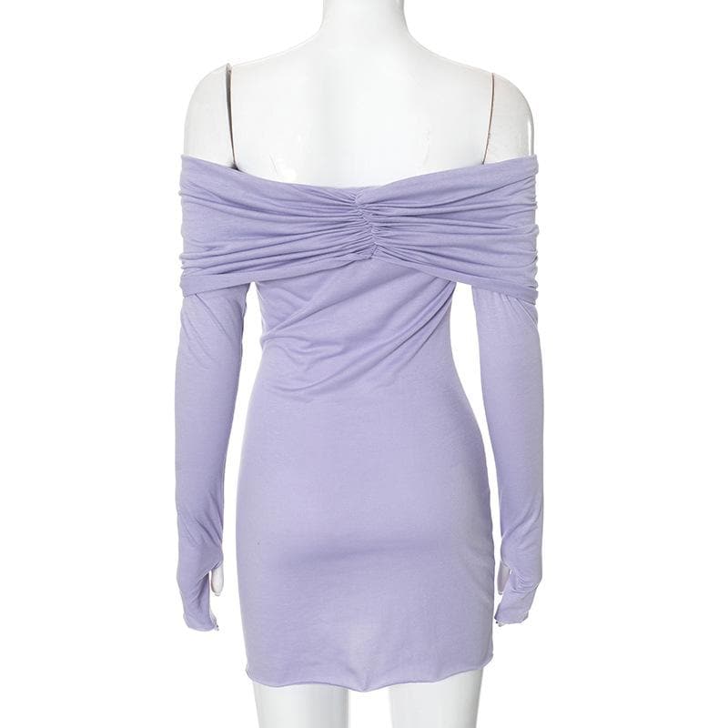 Long sleeve off shoulder buckle ruched mini dress