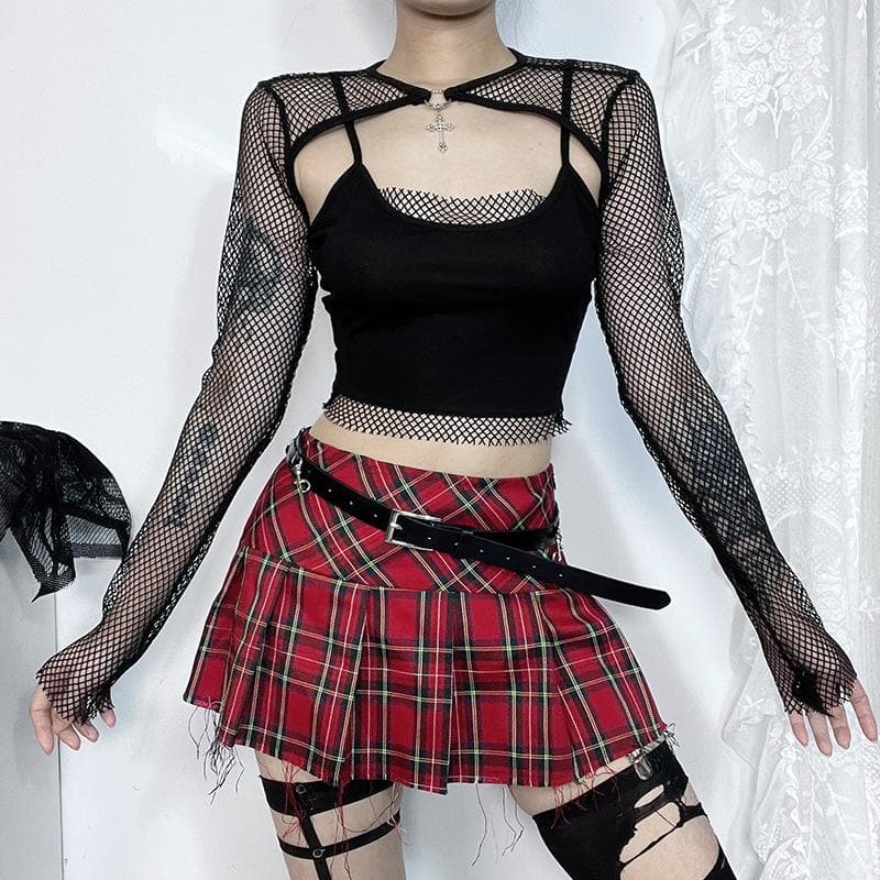 Long sleeve fishnet shrug cross applique 2 piece top