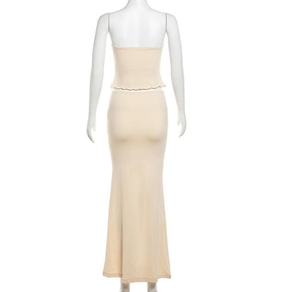 Ruffle slit self tie solid tube maxi skirt set