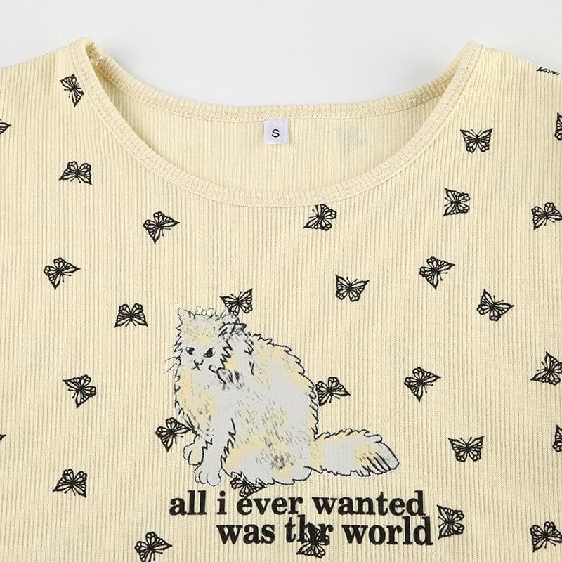 Short sleeve cat print ruffle crop top
