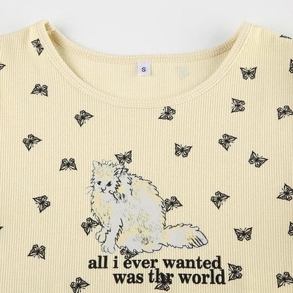 Short sleeve cat print ruffle crop top