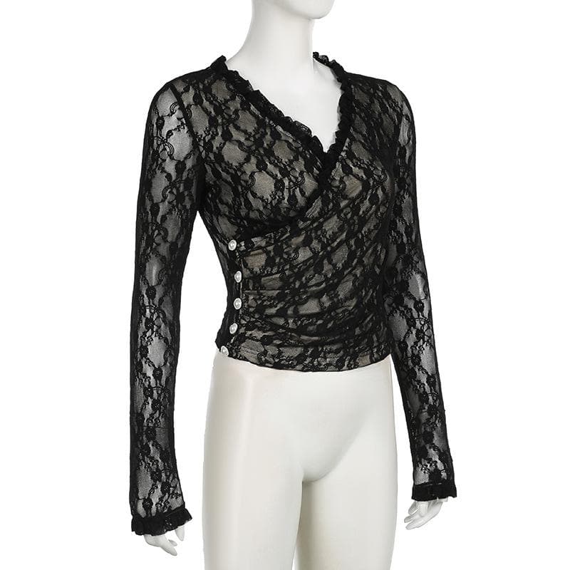 Long sleeve v neck lace button top