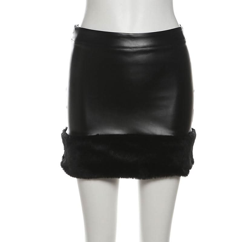 PU leather fluffy patchwork zip-up mini skirt