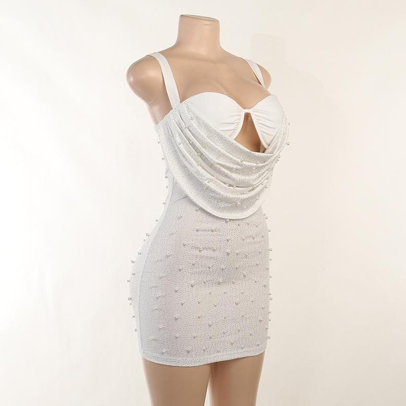 Cowl Overlay Sweetheart Cutout Rhinestone Pearl Beaded Sleeveless Mini Dress