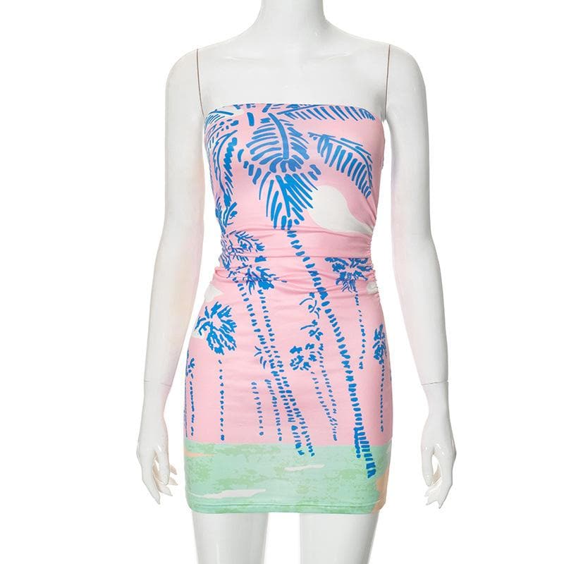 Print backless tube mini dress