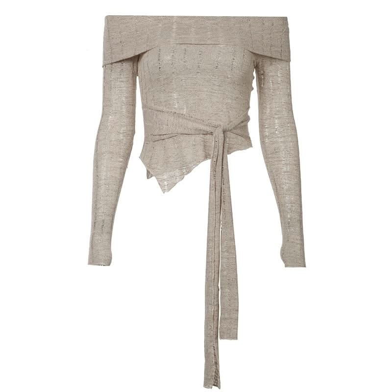Long sleeve odd shoulder knotted knitted top