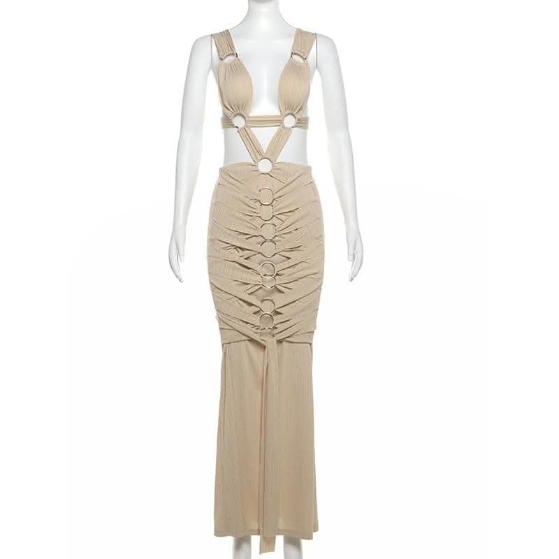 O ring textured hollow out self tie ruched tank cut out maxi dress-final-sale