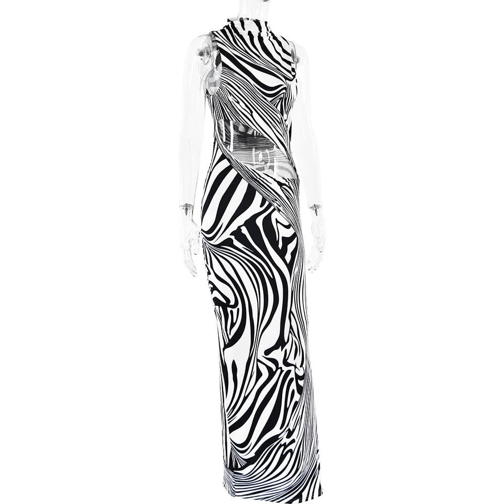 Zebra print hollow out high neck cut out maxi dress