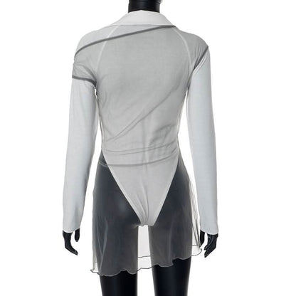 Turnover collar long sleeve mesh 2 piece top