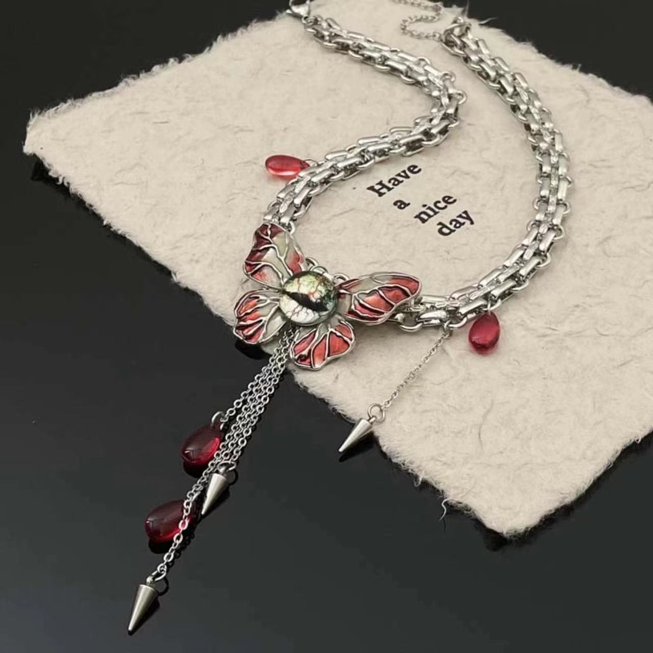 Butterfly decor pendant red necklace