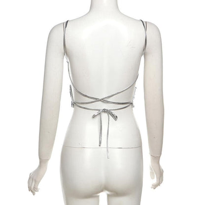 Butterfly pattern glitter lace up cami top