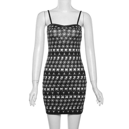 Spaghetti Strap Stud and Jewel Graphic Print Bodycon Mini Dress