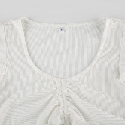 Cap sleeve drawstring ruched ribbed crop top