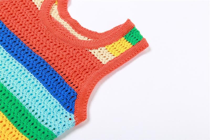 Striped Open-Knit Crochet Scoop Neck Tank Bodycon Mini Dress