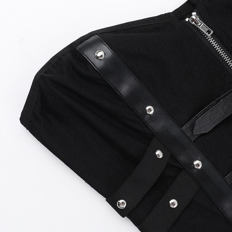 PU leather patchwork buckle zip-up tube top