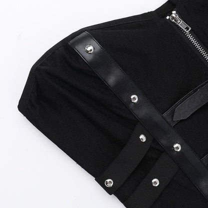 PU leather patchwork buckle zip-up tube top