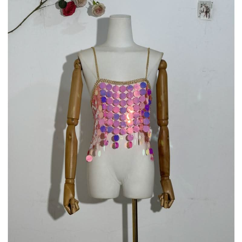 Glitter metal chain hollow out square neck cami cut out top