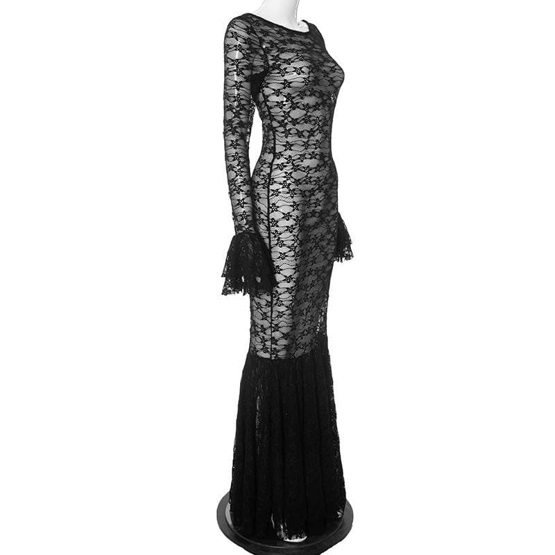 Long flared sleeve lace see through ruched maxi dress