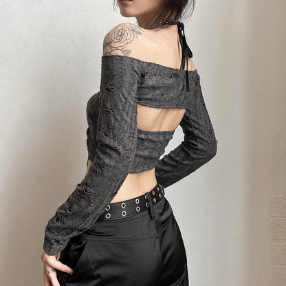 Ruched drawstring long sleeve halter slit off shoulder 2 piece top