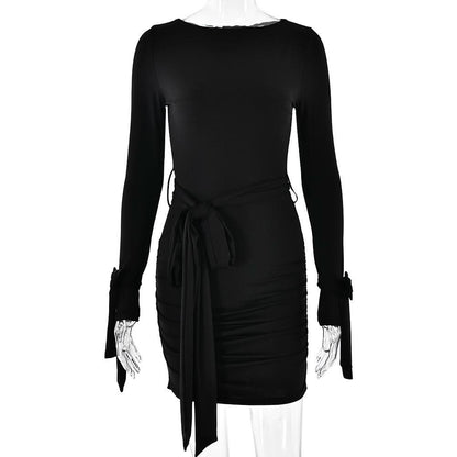 Long sleeve bowknot ruched knotted mini dress