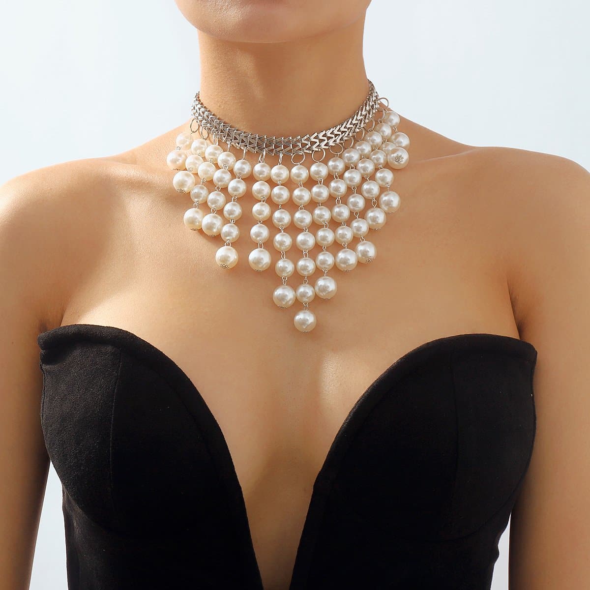 Layered faux pearl choker tassels necklace