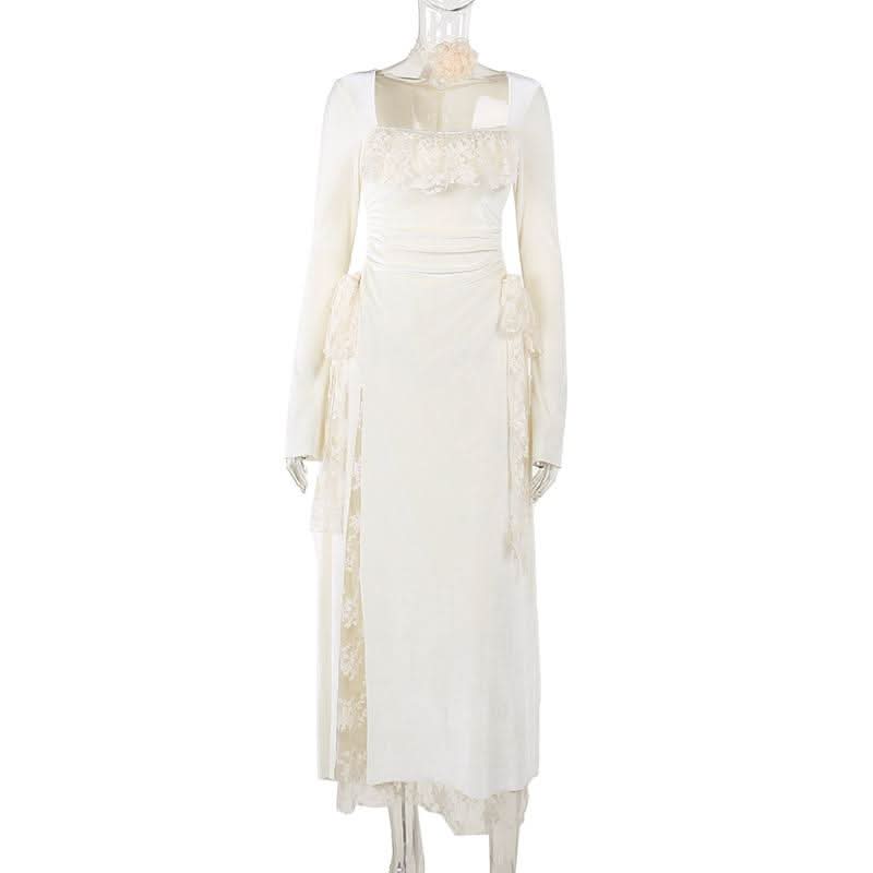 Long sleeve slit square neck lace ruched maxi dress