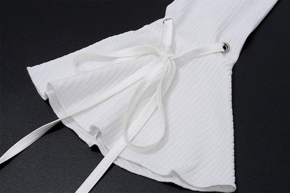Long flared sleeve self tie stitch ribbed solid crop top