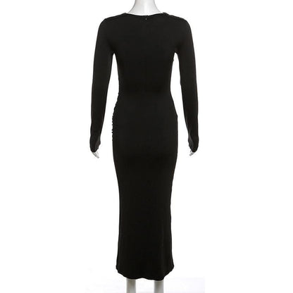 Ruched solid long sleeve zip-up maxi dress-final-sale