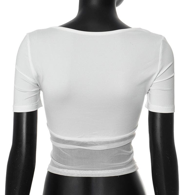 Short sleeve square neck mesh patchwork top