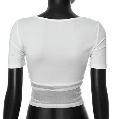 Short sleeve square neck mesh patchwork top