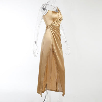 One Shoulder Spaghetti Strap Ruched Side Slit Satin Midi Dress
