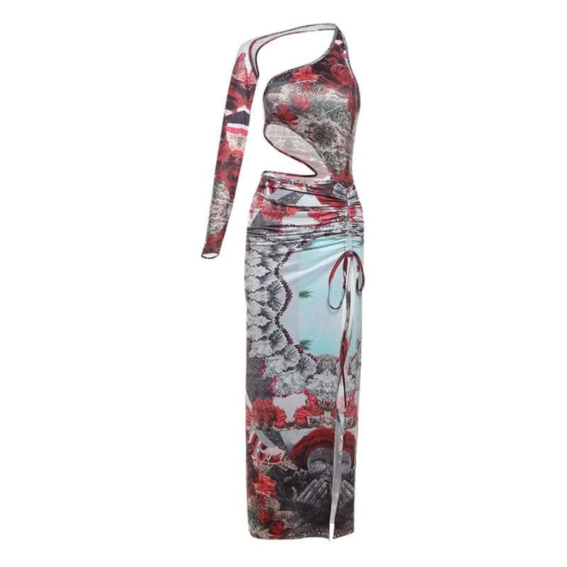 Irregular print contrast drawstring ruched high slit hollow out cut out maxi dress