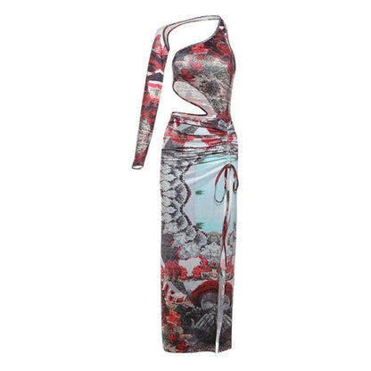 Irregular print contrast drawstring ruched high slit hollow out cut out maxi dress