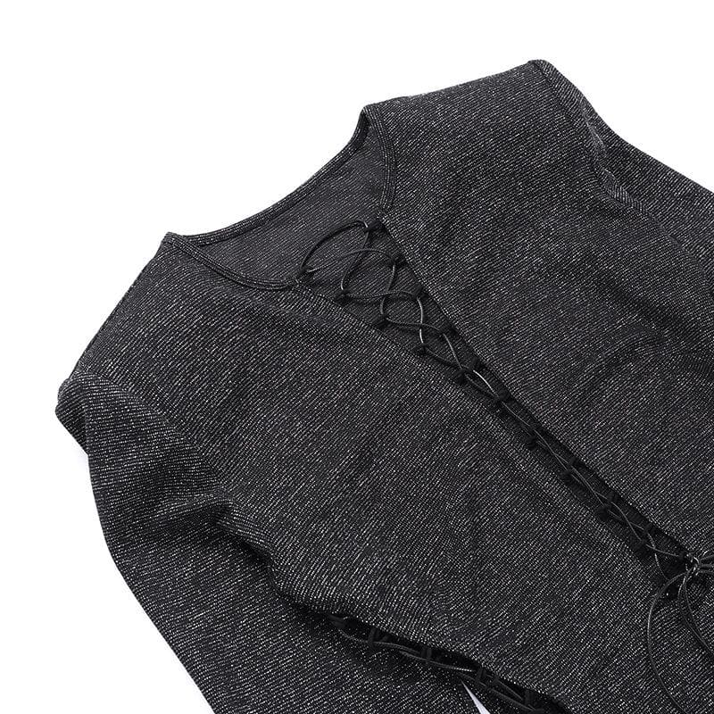 Crew Neck Long Sleeve Front Lace Up Side Lace Up Glitter Knit Mini Dress