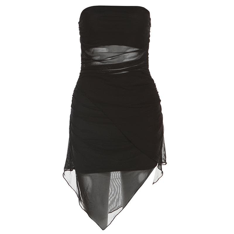 Strapless Mesh Panel Ruched Asymmetrical Hem Bodycon Mini Dress