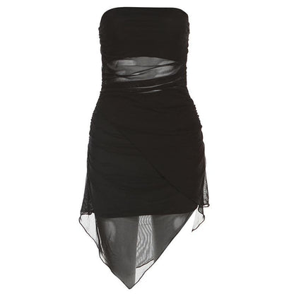 Strapless Mesh Panel Ruched Asymmetrical Hem Bodycon Mini Dress