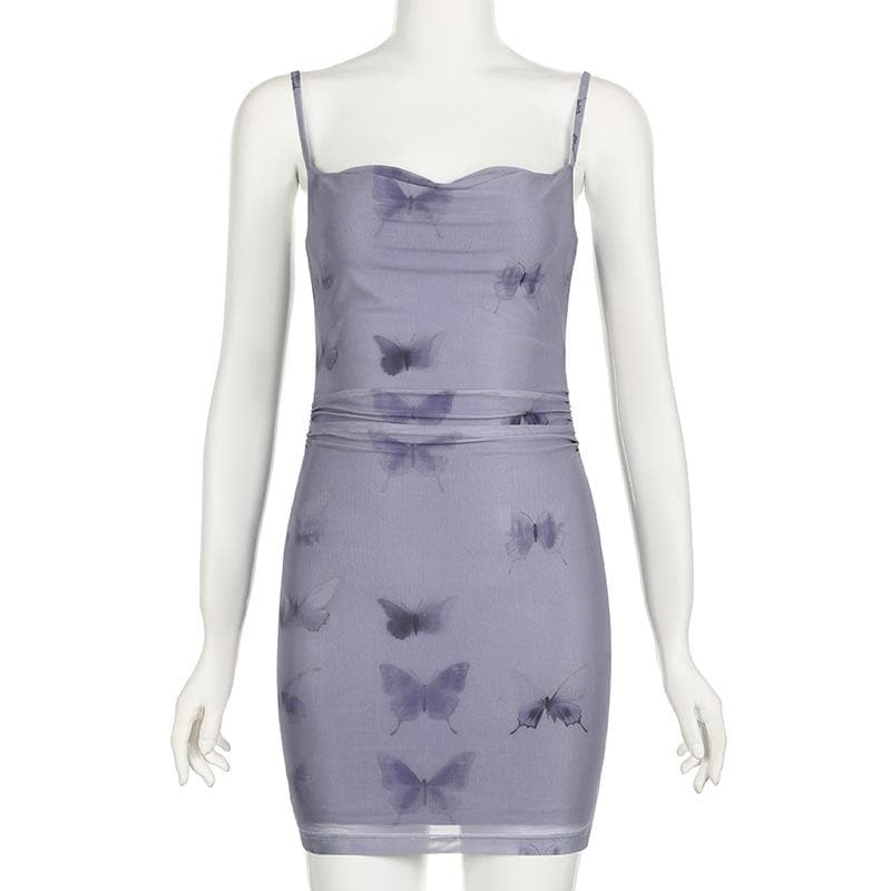 Butterfly print cowl neck ruched mesh cami mini dress