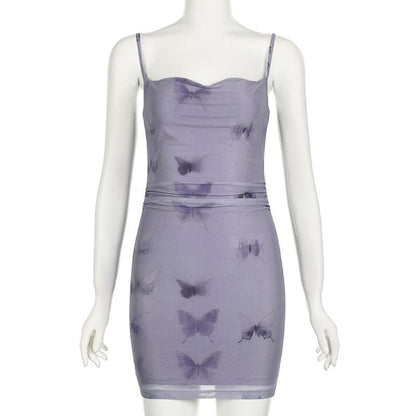 Butterfly print cowl neck ruched mesh cami mini dress
