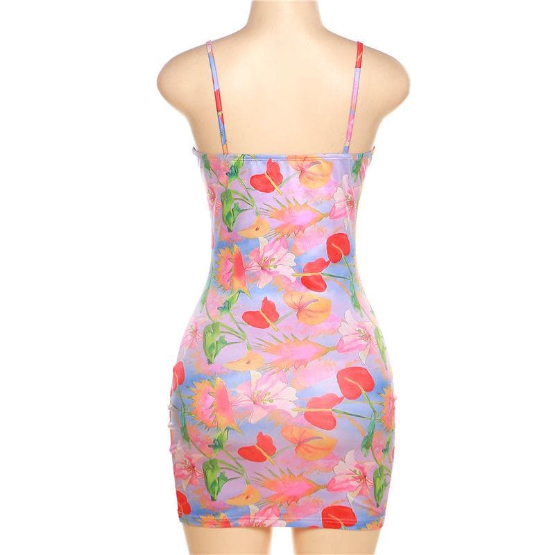 Sweetheart Neck Spaghetti Strap Floral Print Bodycon Mini Dress