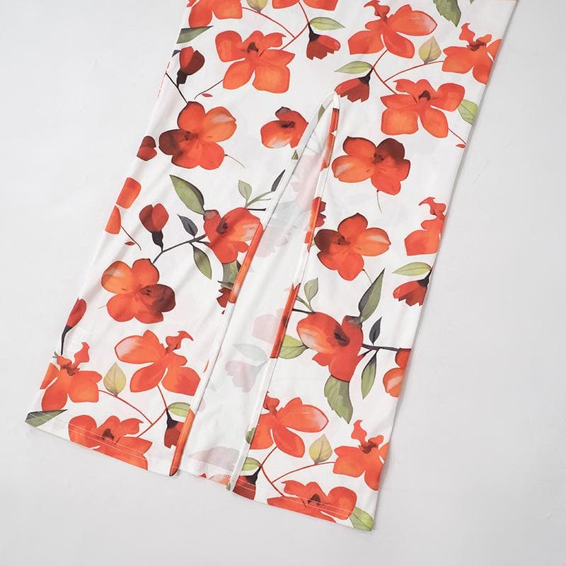 U neck backless slit flower print cami maxi dress