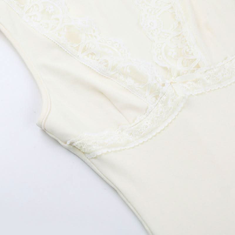 Lace hem deep V neck bowknot solid top