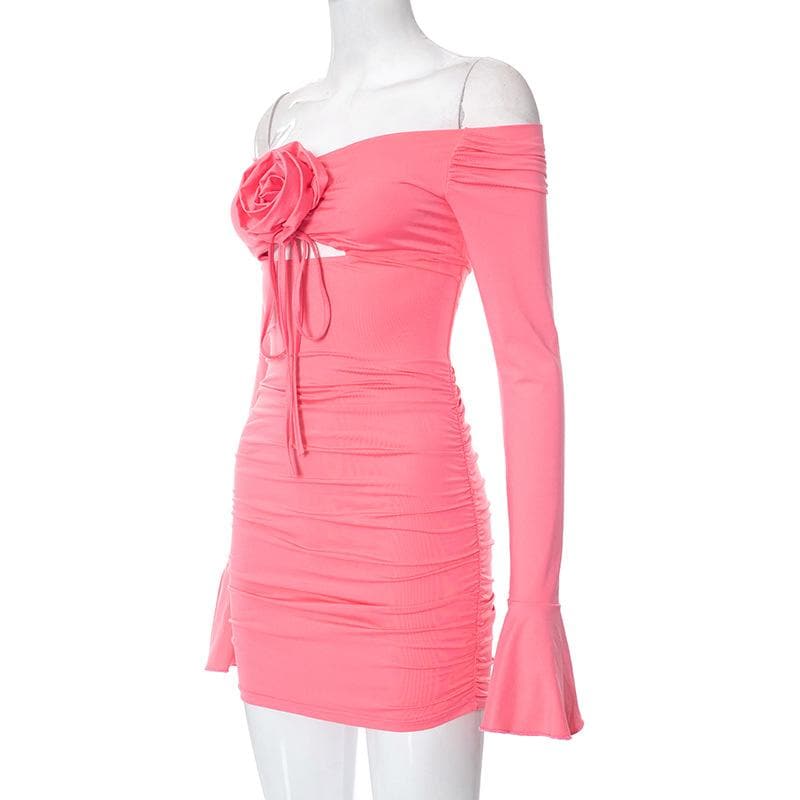 Flower applique hollow out ruched long flared sleeve cut out mini dress