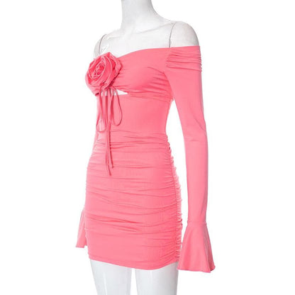 Flower applique hollow out ruched long flared sleeve cut out mini dress