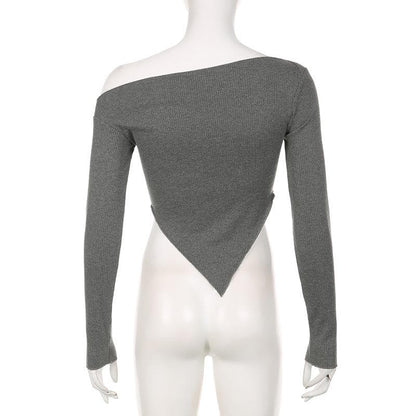 Long sleeve irregular slit off shoulder solid top
