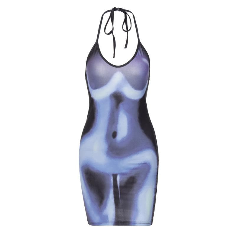 Abstract Body Print Halter Neck Self Tie Backless Mini Dress