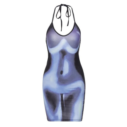Abstract Body Print Halter Neck Self Tie Backless Mini Dress